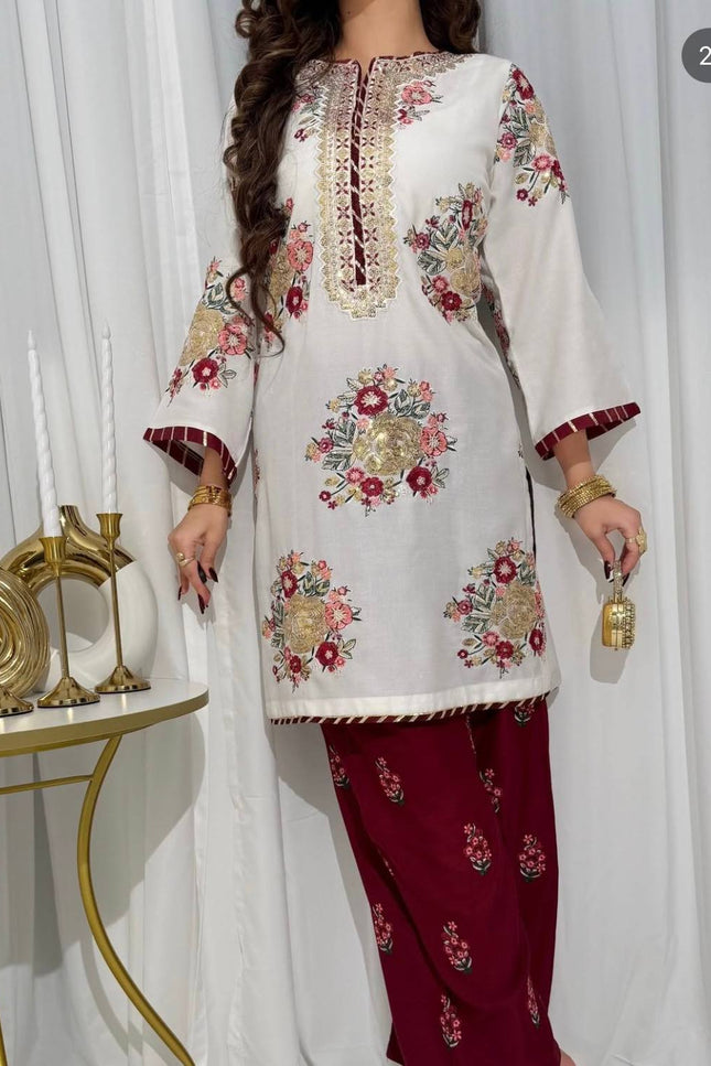 Festival Special Faux Georgette Kurti, Pant & Dupatta Set | Thread, Sequins & Gota Work - Rosepetals Luxe