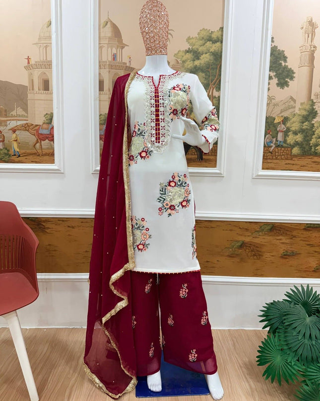 Festival Special Faux Georgette Kurti, Pant & Dupatta Set | Thread, Sequins & Gota Work - Rosepetals Luxe
