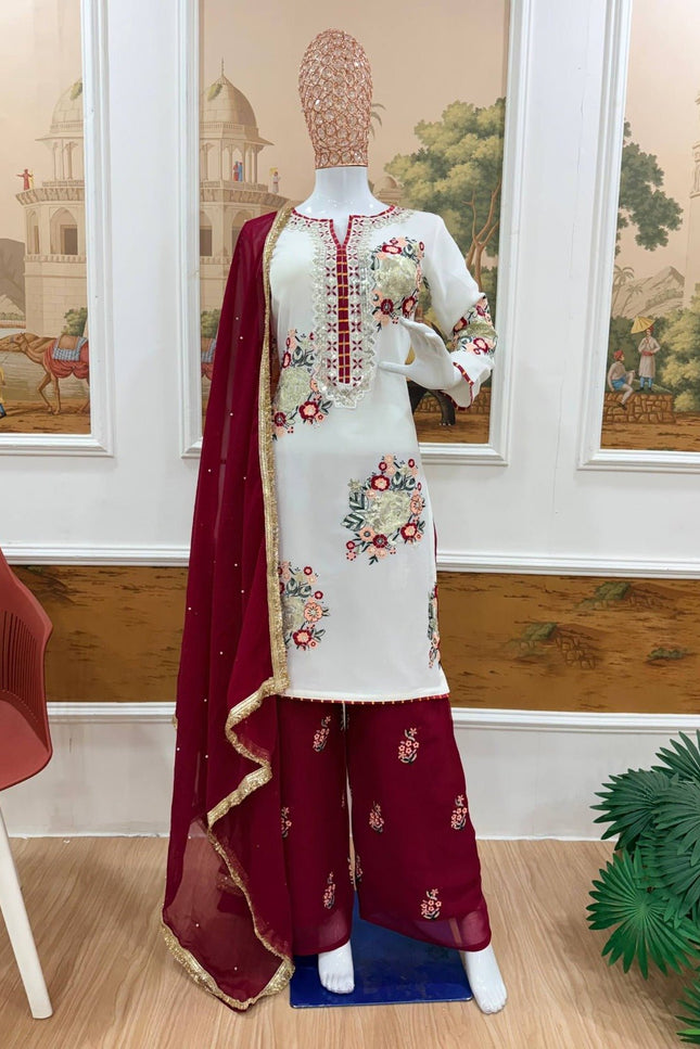 Festival Special Faux Georgette Kurti, Pant & Dupatta Set | Thread, Sequins & Gota Work - Rosepetals Luxe