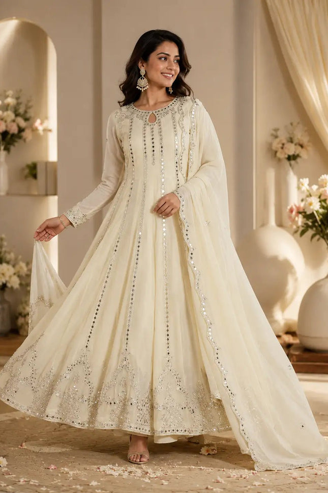 Festive Georgette Gown with Lehenga & Dupatta – Sequin Embroidery & Real Mirror Work Designer Ethnic Set - Rosepetals Luxe