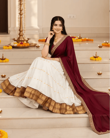 Festive & Wedding Silk Cotton Lehenga Choli Set | Zari Weaving, Beads Handwork & Embroidered Dupatta - Rosepetals Luxe