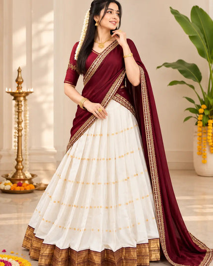 Festive & Wedding Silk Cotton Lehenga Choli Set | Zari Weaving, Beads Handwork & Embroidered Dupatta - Rosepetals Luxe