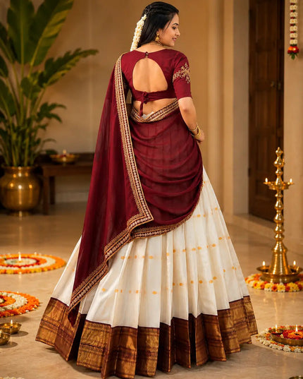 Festive & Wedding Silk Cotton Lehenga Choli Set | Zari Weaving, Beads Handwork & Embroidered Dupatta - Rosepetals Luxe