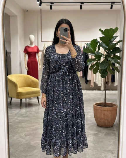 Floral Fox Georgette Maxi Dress | Three-Tier Gathered Flare | Monochrome Shrug | Baby Pink, Navy & White - Rosepetals Luxe