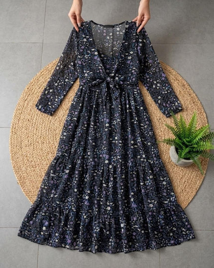 Floral Fox Georgette Maxi Dress | Three-Tier Gathered Flare | Monochrome Shrug | Baby Pink, Navy & White - Rosepetals Luxe