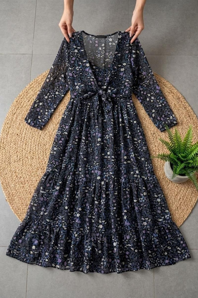 Floral Fox Georgette Maxi Dress | Three-Tier Gathered Flare | Monochrome Shrug | Baby Pink, Navy & White - Rosepetals Luxe