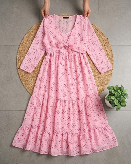 Floral Fox Georgette Maxi Dress | Three-Tier Gathered Flare | Monochrome Shrug | Baby Pink, Navy & White - Rosepetals Luxe