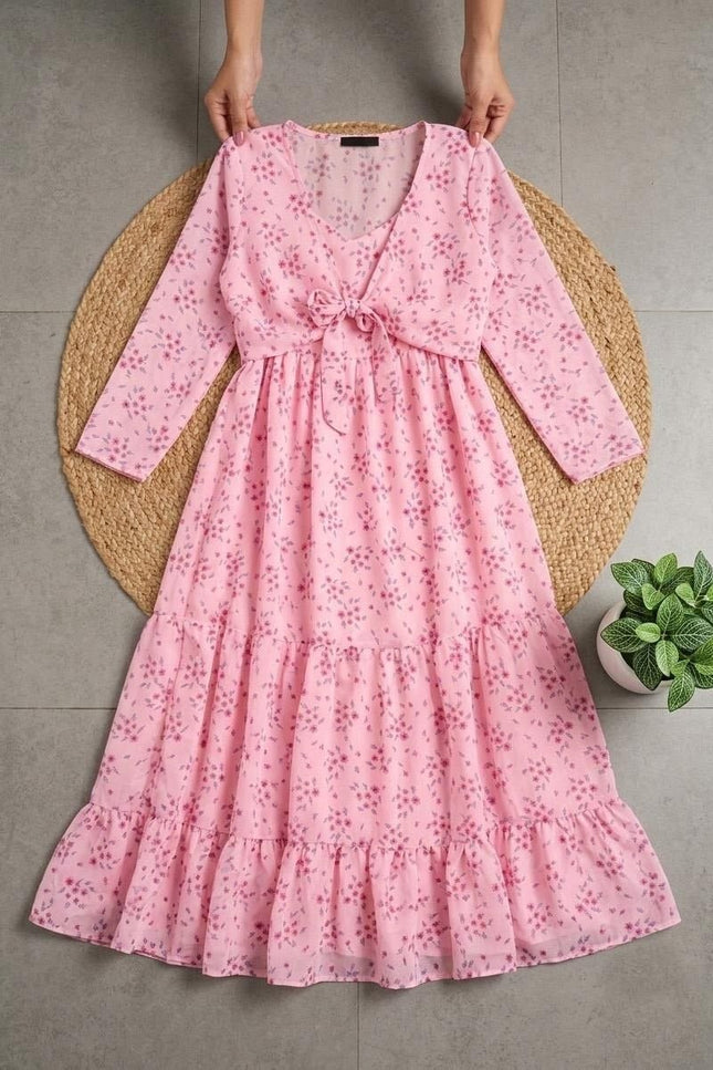 Floral Fox Georgette Maxi Dress | Three-Tier Gathered Flare | Monochrome Shrug | Baby Pink, Navy & White - Rosepetals Luxe