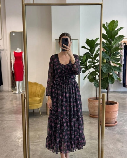 Floral Fox Georgette Maxi Dress | Three-Tier Gathered Flare | Monochrome Shrug | Baby Pink, Navy & White - Rosepetals Luxe