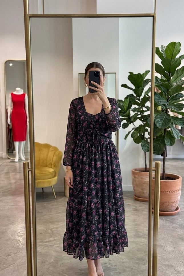 Floral Fox Georgette Maxi Dress | Three-Tier Gathered Flare | Monochrome Shrug | Baby Pink, Navy & White - Rosepetals Luxe