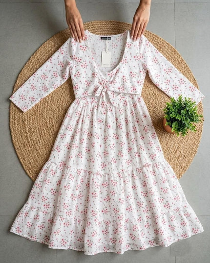 Floral Fox Georgette Maxi Dress | Three-Tier Gathered Flare | Monochrome Shrug | Baby Pink, Navy & White - Rosepetals Luxe
