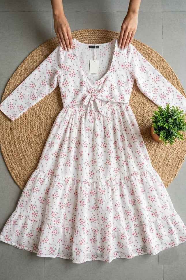 Floral Fox Georgette Maxi Dress | Three-Tier Gathered Flare | Monochrome Shrug | Baby Pink, Navy & White - Rosepetals Luxe