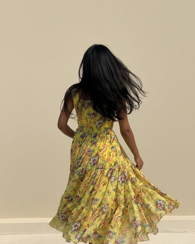Floral Print Alfino Chiffon Sleeveless Maxi Gown with Waist Knot - Rosepetals Luxe