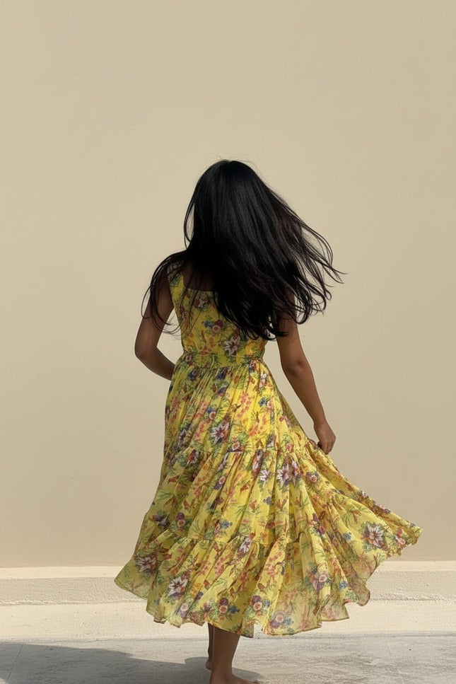 Floral Print Alfino Chiffon Sleeveless Maxi Gown with Waist Knot - Rosepetals Luxe