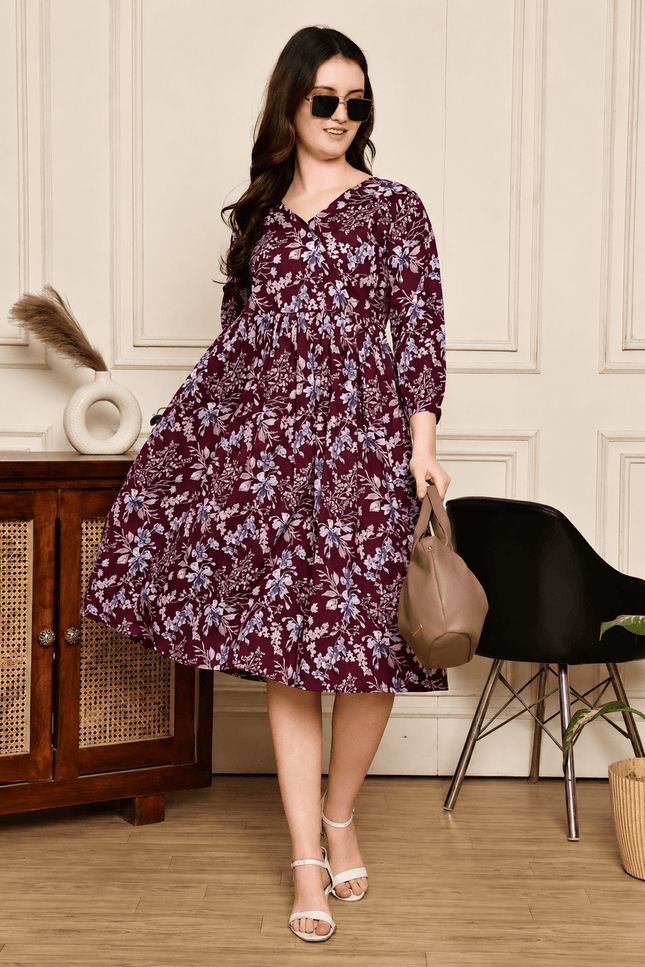 Floral Print Mull Cotton Chanderi Midi Dress | A-Line | 4 MTR Flair | XS–XXL - Rosepetals Luxe