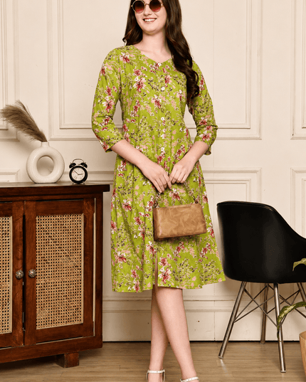 Floral Print Mull Cotton Chanderi Midi Dress | A-Line | 4 MTR Flair | XS–XXL - Rosepetals Luxe