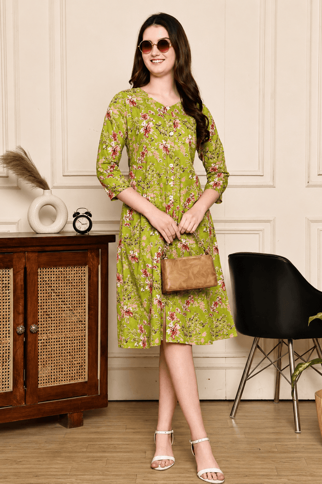 Floral Print Mull Cotton Chanderi Midi Dress | A-Line | 4 MTR Flair | XS–XXL - Rosepetals Luxe