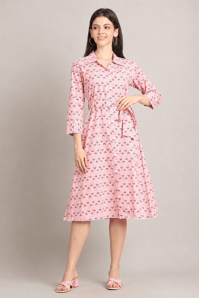 Floral Print Mull Cotton Chanderi Midi Dress | A-Line | 4 MTR Flair | XS–XXL - Rosepetals Luxe
