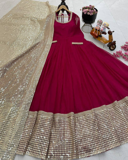 Fox Georgette Anarkali Gown | Sequin Embroidery Net Dupatta | Maroon | M–XXL - Rosepetals Luxe