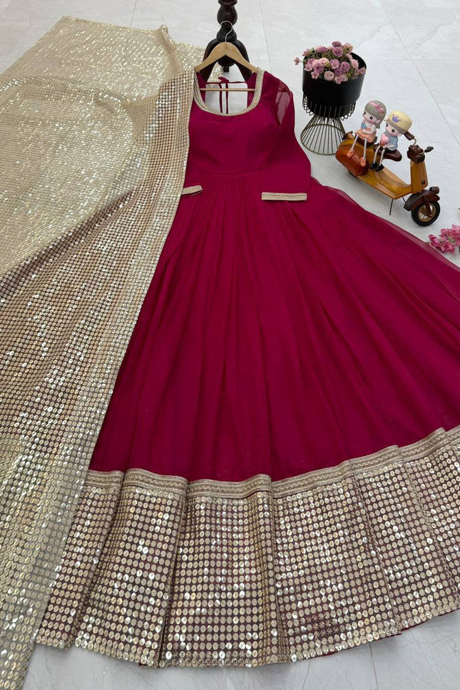 Fox Georgette Anarkali Gown | Sequin Embroidery Net Dupatta | Maroon | M–XXL - Rosepetals Luxe