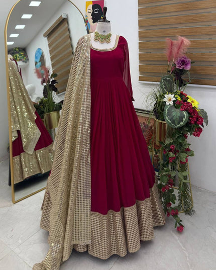 Fox Georgette Anarkali Gown | Sequin Embroidery Net Dupatta | Maroon | M–XXL - Rosepetals Luxe