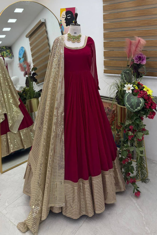 Fox Georgette Anarkali Gown | Sequin Embroidery Net Dupatta | Maroon | M–XXL - Rosepetals Luxe