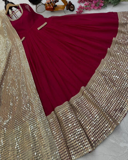Fox Georgette Anarkali Gown | Sequin Embroidery Net Dupatta | Maroon | M–XXL - Rosepetals Luxe