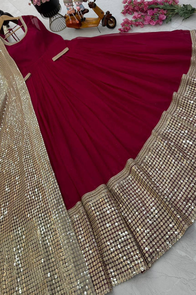 Fox Georgette Anarkali Gown | Sequin Embroidery Net Dupatta | Maroon | M–XXL - Rosepetals Luxe