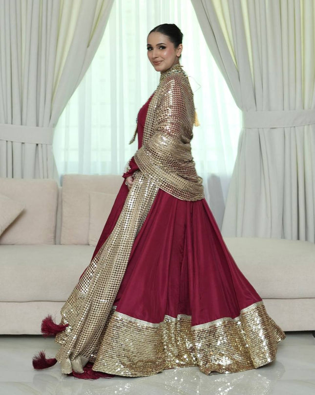 Fox Georgette Anarkali Gown | Sequin Embroidery Net Dupatta | Maroon | M–XXL - Rosepetals Luxe