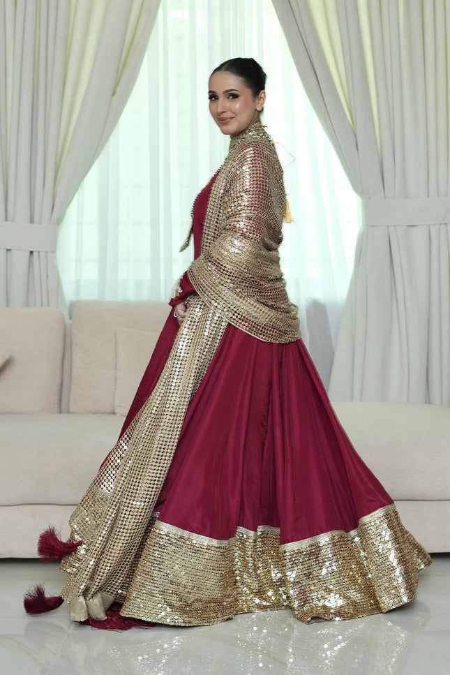 Fox Georgette Anarkali Gown | Sequin Embroidery Net Dupatta | Maroon | M–XXL - Rosepetals Luxe