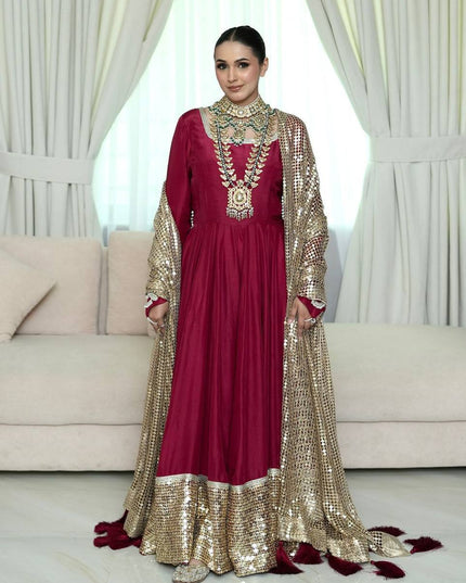 Fox Georgette Anarkali Gown | Sequin Embroidery Net Dupatta | Maroon | M–XXL - Rosepetals Luxe