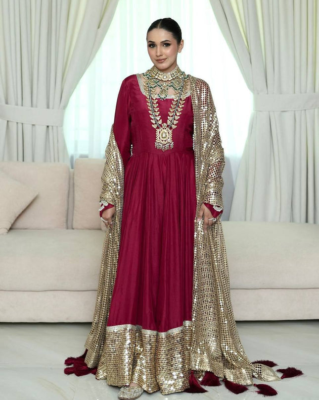 Fox Georgette Anarkali Gown | Sequin Embroidery Net Dupatta | Maroon | M–XXL - Rosepetals Luxe