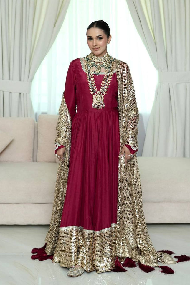 Fox Georgette Anarkali Gown | Sequin Embroidery Net Dupatta | Maroon | M–XXL - Rosepetals Luxe