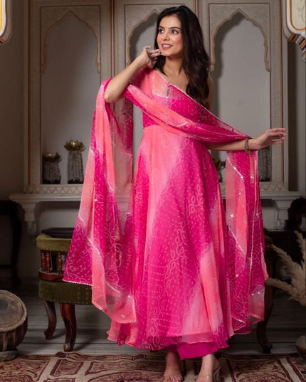 Fox Georgette Anarkali Gown Set | Dupatta & Micro Cotton Palazzo | Handwork Neckline | Pink - Rosepetals Luxe