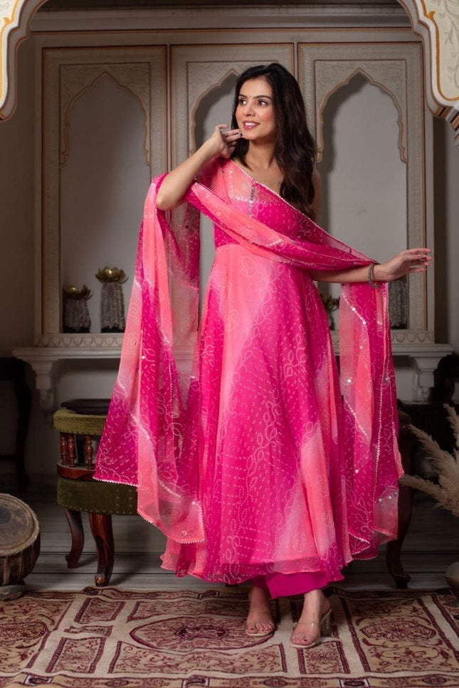 Fox Georgette Anarkali Gown Set | Dupatta & Micro Cotton Palazzo | Handwork Neckline | Pink - Rosepetals Luxe