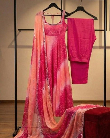 Fox Georgette Anarkali Gown Set | Dupatta & Micro Cotton Palazzo | Handwork Neckline | Pink - Rosepetals Luxe