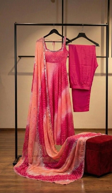 Fox Georgette Anarkali Gown Set | Dupatta & Micro Cotton Palazzo | Handwork Neckline | Pink - Rosepetals Luxe