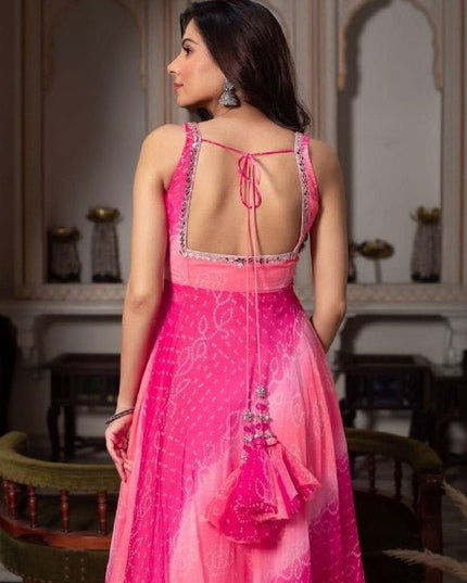Fox Georgette Anarkali Gown Set | Dupatta & Micro Cotton Palazzo | Handwork Neckline | Pink - Rosepetals Luxe