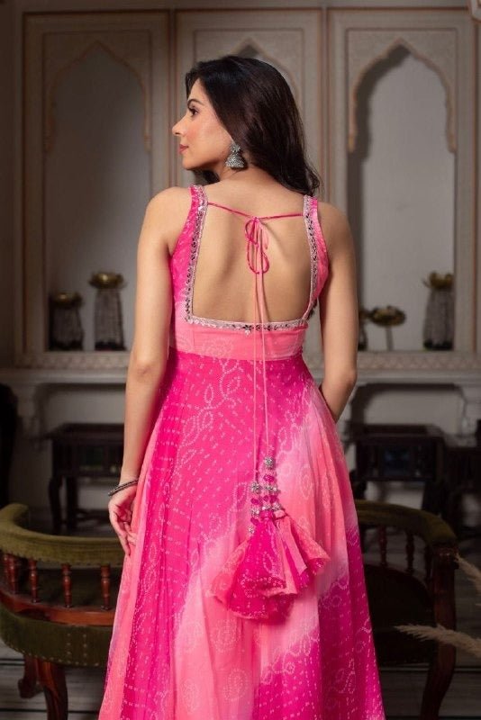 Fox Georgette Anarkali Gown Set | Dupatta & Micro Cotton Palazzo | Handwork Neckline | Pink - Rosepetals Luxe