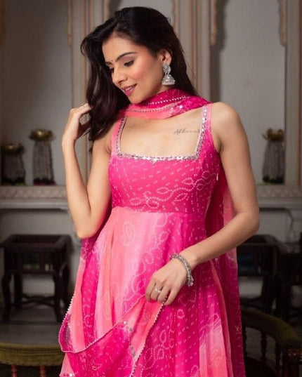 Fox Georgette Anarkali Gown Set | Dupatta & Micro Cotton Palazzo | Handwork Neckline | Pink - Rosepetals Luxe