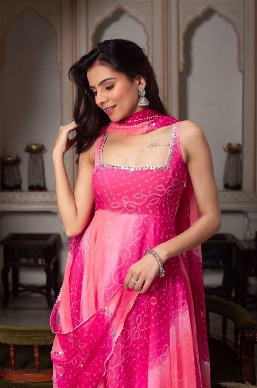 Fox Georgette Anarkali Gown Set | Dupatta & Micro Cotton Palazzo | Handwork Neckline | Pink - Rosepetals Luxe