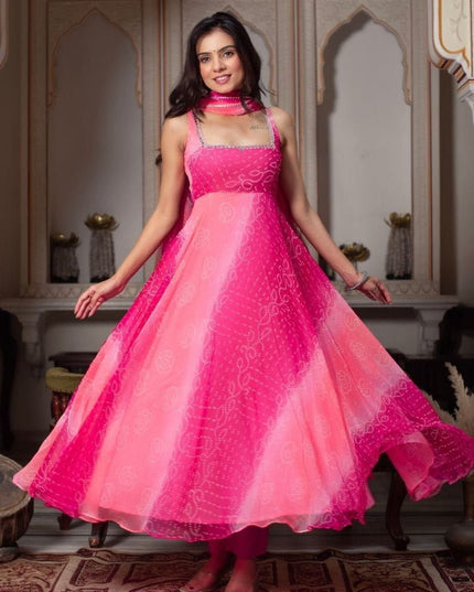 Fox Georgette Anarkali Gown Set | Dupatta & Micro Cotton Palazzo | Handwork Neckline | Pink - Rosepetals Luxe