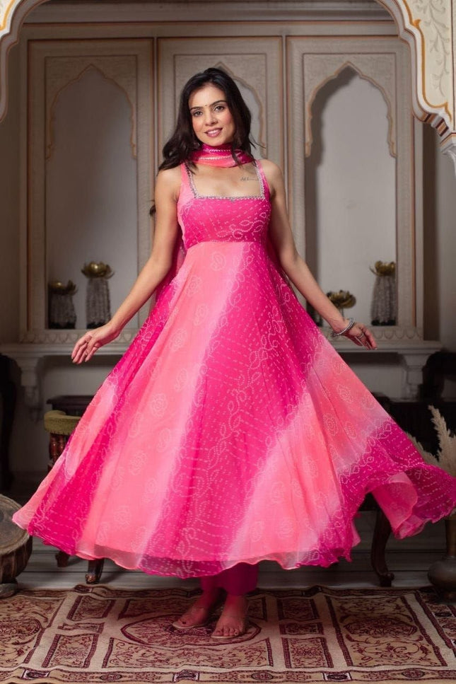 Fox Georgette Anarkali Gown Set | Dupatta & Micro Cotton Palazzo | Handwork Neckline | Pink - Rosepetals Luxe