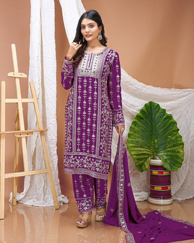 Fox Georgette Embroidered Top Pant & Dupatta Set with Sequence Work - Rosepetals Luxe