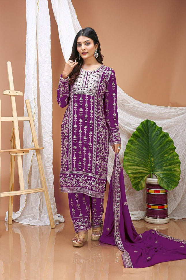 Fox Georgette Embroidered Top Pant & Dupatta Set with Sequence Work - Rosepetals Luxe