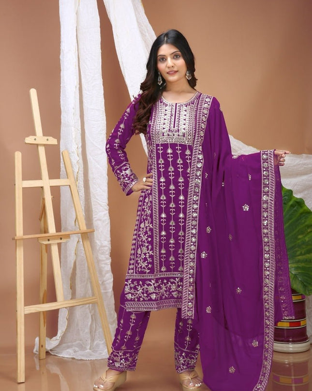 Fox Georgette Embroidered Top Pant & Dupatta Set with Sequence Work - Rosepetals Luxe