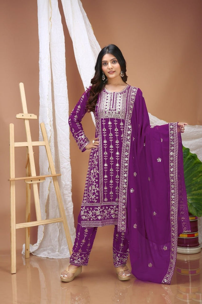 Fox Georgette Embroidered Top Pant & Dupatta Set with Sequence Work - Rosepetals Luxe