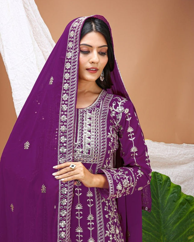 Fox Georgette Embroidered Top Pant & Dupatta Set with Sequence Work - Rosepetals Luxe