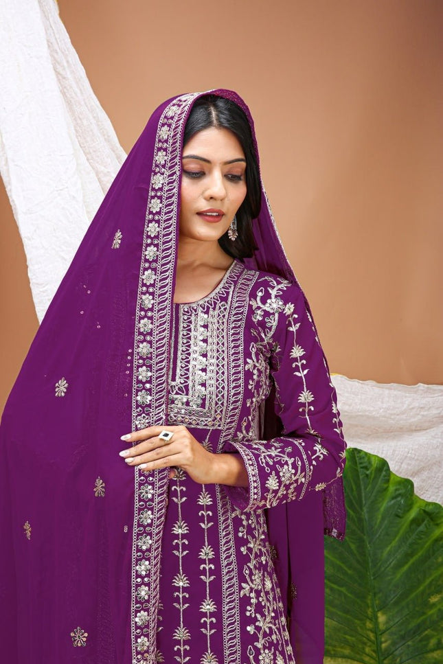 Fox Georgette Embroidered Top Pant & Dupatta Set with Sequence Work - Rosepetals Luxe
