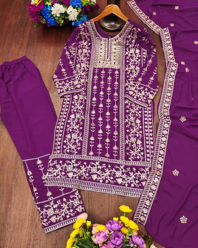 Fox Georgette Embroidered Top Pant & Dupatta Set with Sequence Work - Rosepetals Luxe